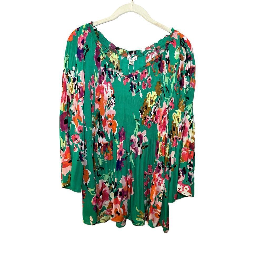 Spense Blouse Top Women's SZ L Green Floral Long‎ Sleeves V-Neck Ruffle Pleated